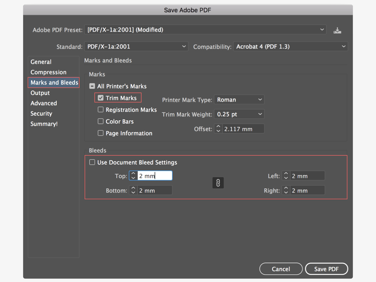 ตั้งค่า export PDF สำหรับโรงพิมพ์ - marks and bleeds